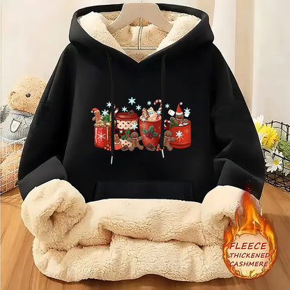 1pc Women's Thick-Lined Hooded Sweatshirt with Gingerbread for Man in Santa Hat & Candy Cane Print - Cozy Plush Lined, Soft Polyester Warm Pullover for Fall/Winter, Machine Washable Casual Outerwear, Cold Weather Wear, Minima