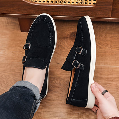 Men's British Style Double Buckle Loafers, Soft Sole Casual Shoes