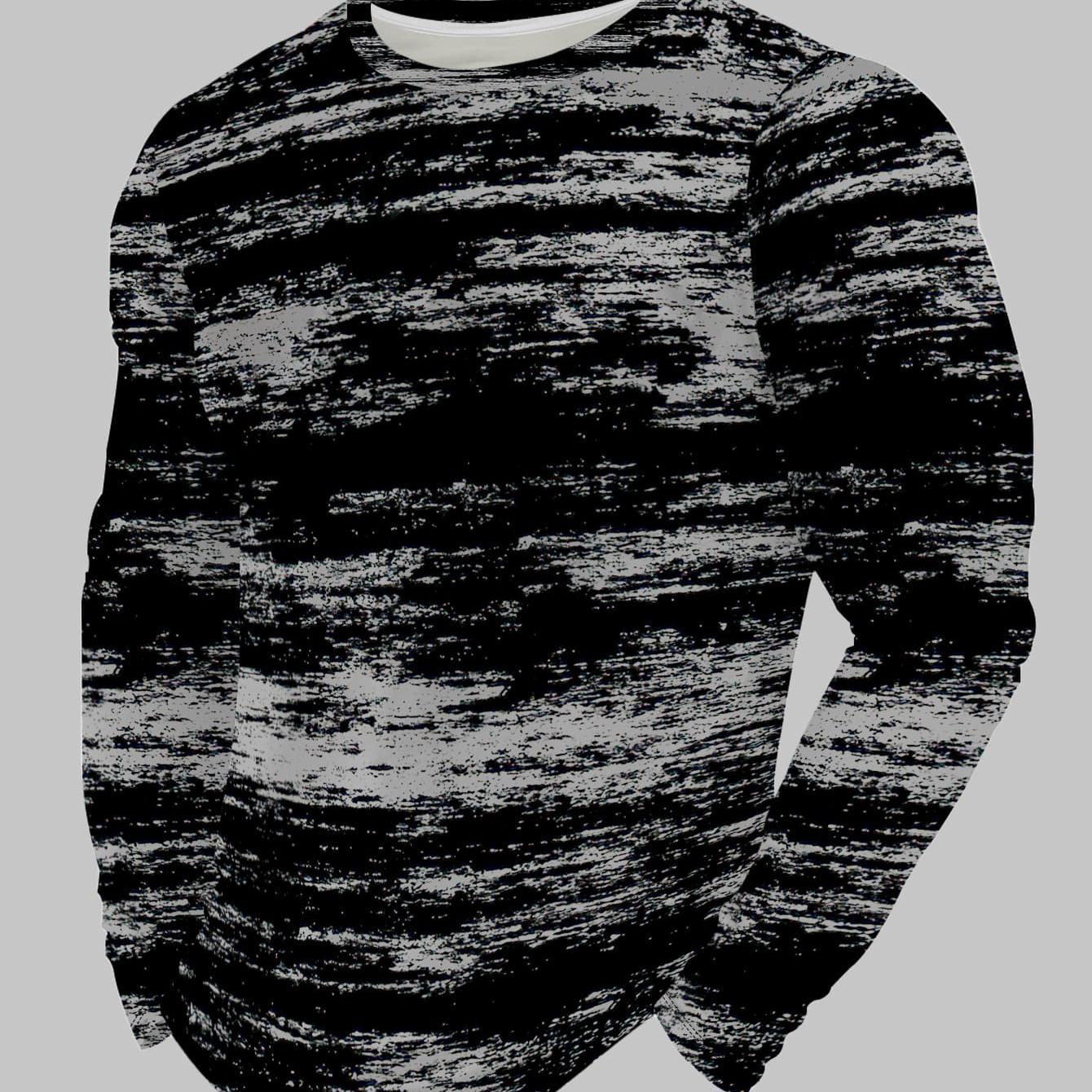 Men's Fashion Crew Neck Long Sleeve Top Personality Abstract Texture Print Casual Versatile Pullover Trendy Street Style Youth Base Layer Shirt