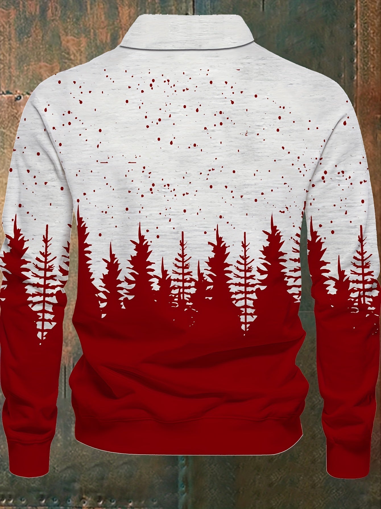 Men'S Plus Size Long Sleeve Henley Shirt with Forest & Deer Application, 100% Polyester Knit Fabric, Regular Fit Sporty & Party Top with Collared Neck and Slight Stretch - Printed Design