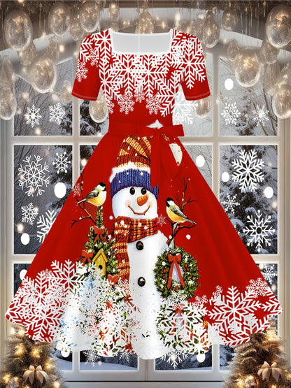 Women's Elegant Red & White Winter Snowflake & Snowman Print A-Line Dress with Square Neckline - Machine Washable Floor-Length Party Dress for Christmas, New Year's Eve, Everyday Winter Outfits - Festive Party Attire with Poi