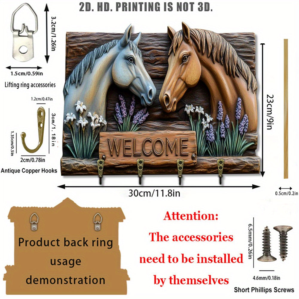 2D Flat, 1pc Double Horse Welcome Wooden Multi-Functional Key Hook with Four Metal Hooks, Wall Decor, Porch Decoration, Room Decor, Villa Decor, All-Season Home Accent – 29.97cm x 213