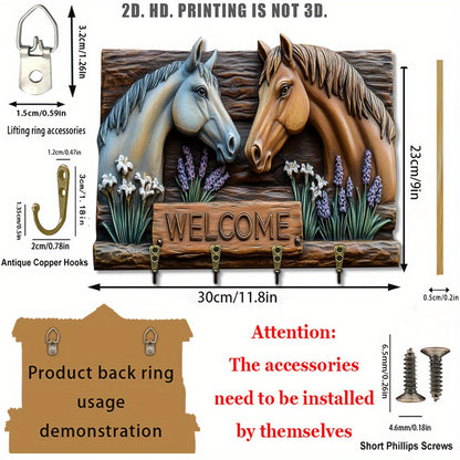 2D Flat, 1pc Double Horse Welcome Wooden Multi-Functional Key Hook with Four Metal Hooks, Wall Decor, Porch Decoration, Room Decor, Villa Decor, All-Season Home Accent – 29.97cm x 213
