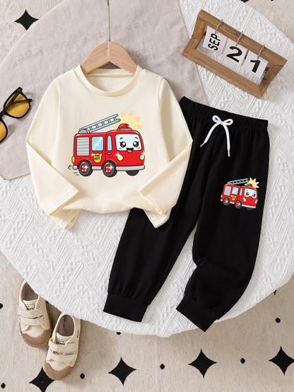 Boys' Fire Truck Print Cotton Casual Pants & Tee Set for Spring/Fall