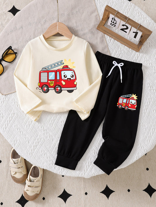 Boys' Fire Truck Print Cotton Casual Pants & Tee Set for Spring/Fall