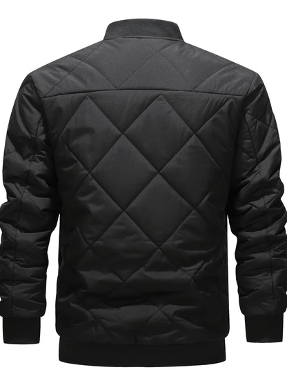 Men's Winter Casual Bomber Jacket - Black with Diamond Quilted Design, 100% Polyester, Zipper Front & Side Pockets, Regular Fit for Outdoor Activities
