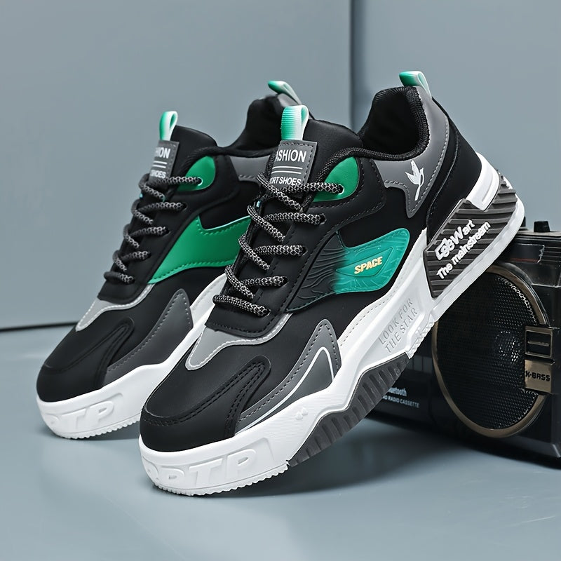 Men's Low-Top Skate Sneakers - Black with Teal Accents, PU Upper  PVC Sole, Slip-Resistant Comfortable Lace-Up Shoes for Urban Streetwear, Outdoor Sports, All-Season Casual Wear, Skate Shoes, Modern Street Style, Durable Fab