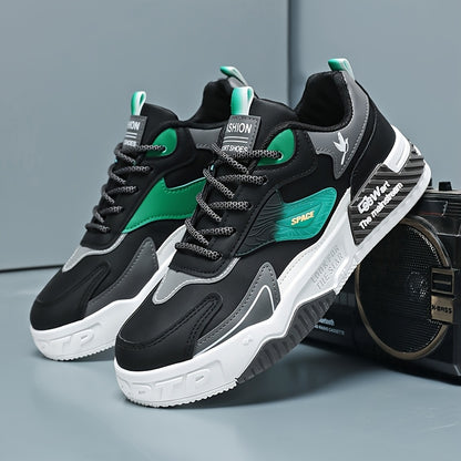 Men's Low-Top Skate Sneakers - Black with Teal Accents, PU Upper  PVC Sole, Slip-Resistant Comfortable Lace-Up Shoes for Urban Streetwear, Outdoor Sports, All-Season Casual Wear, Skate Shoes, Modern Street Style, Durable Fab