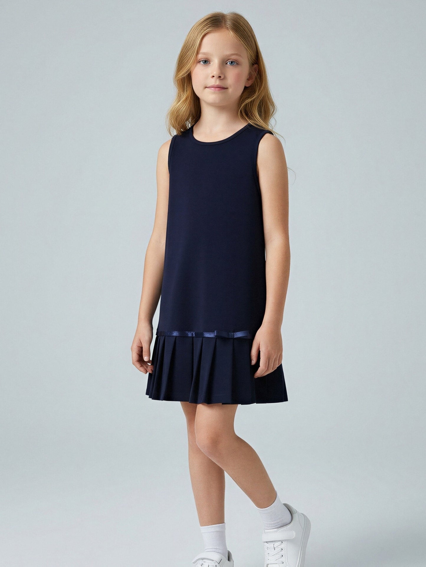 Girls' Sleeveless Navy Pleated Summer Dress, Casual Preppy Style