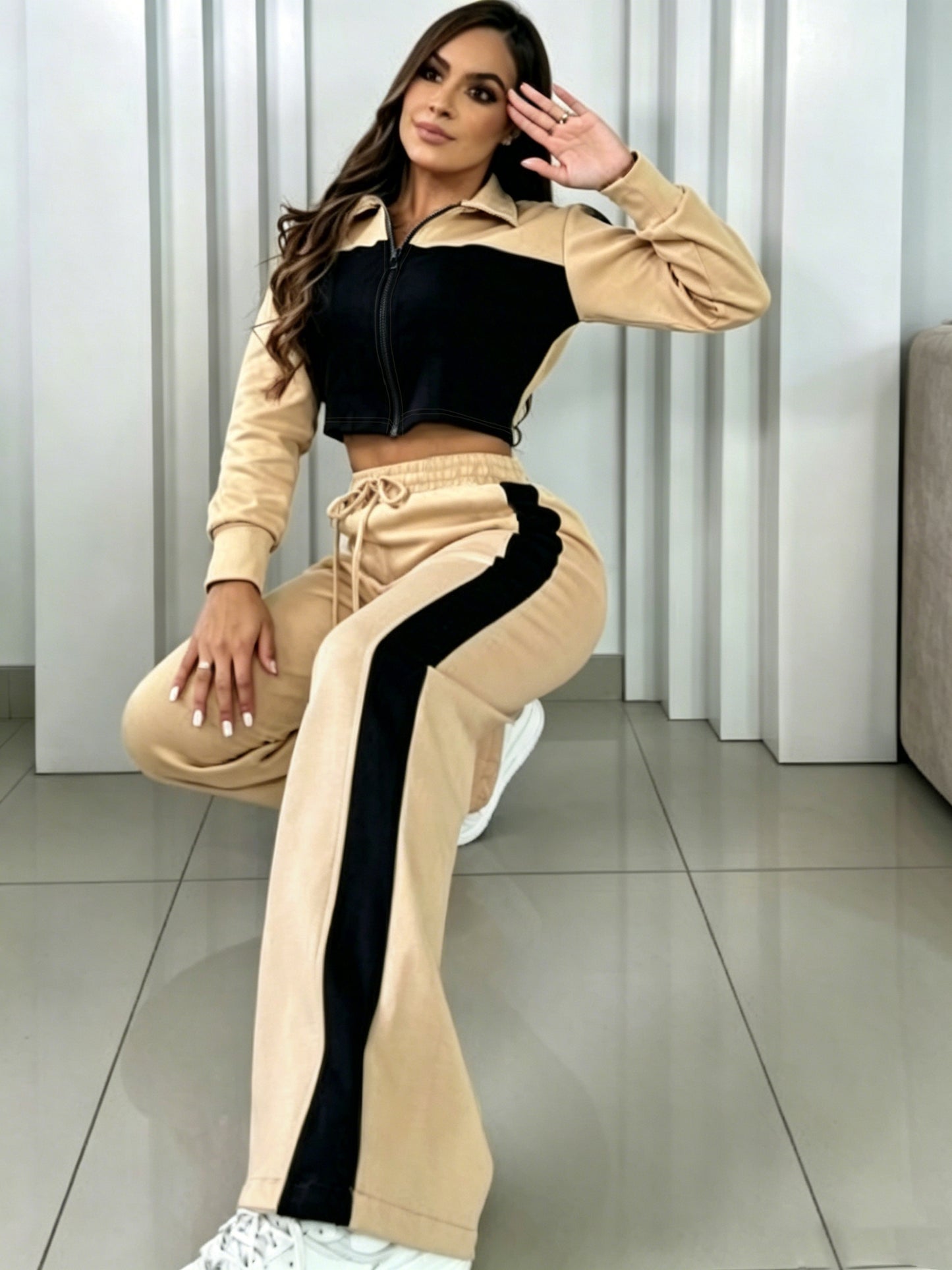 Women's Elegant Color Block Patchwork Sweatshirt & Pants Set