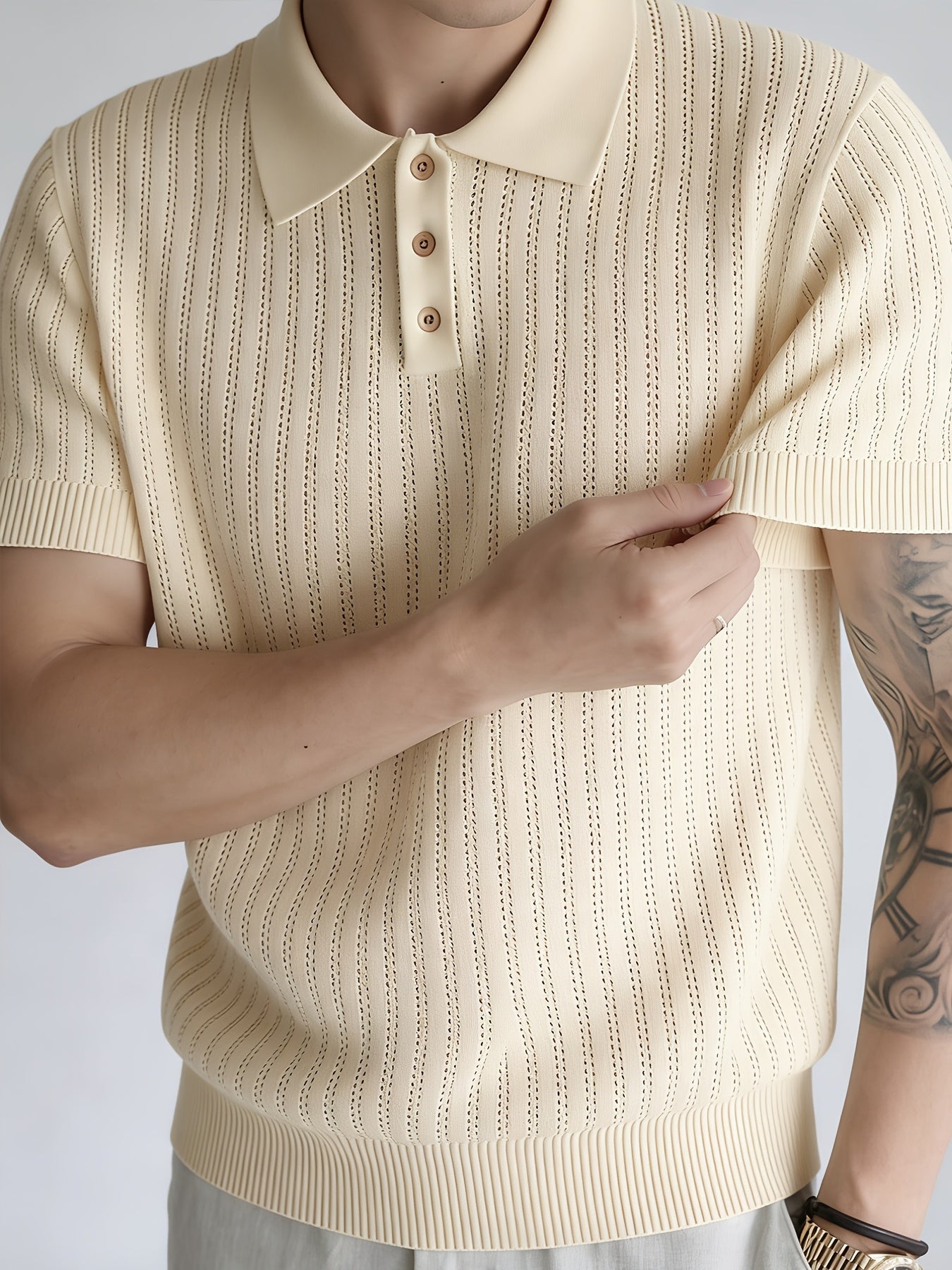 Men'S Summer Knitted Polo Shirt | Breathable Striped Design, Casual Lapel Collar, Short Sleeves, Three-Button Closure, Slim Fit, Ideal For Business Casual And Travel - ayq