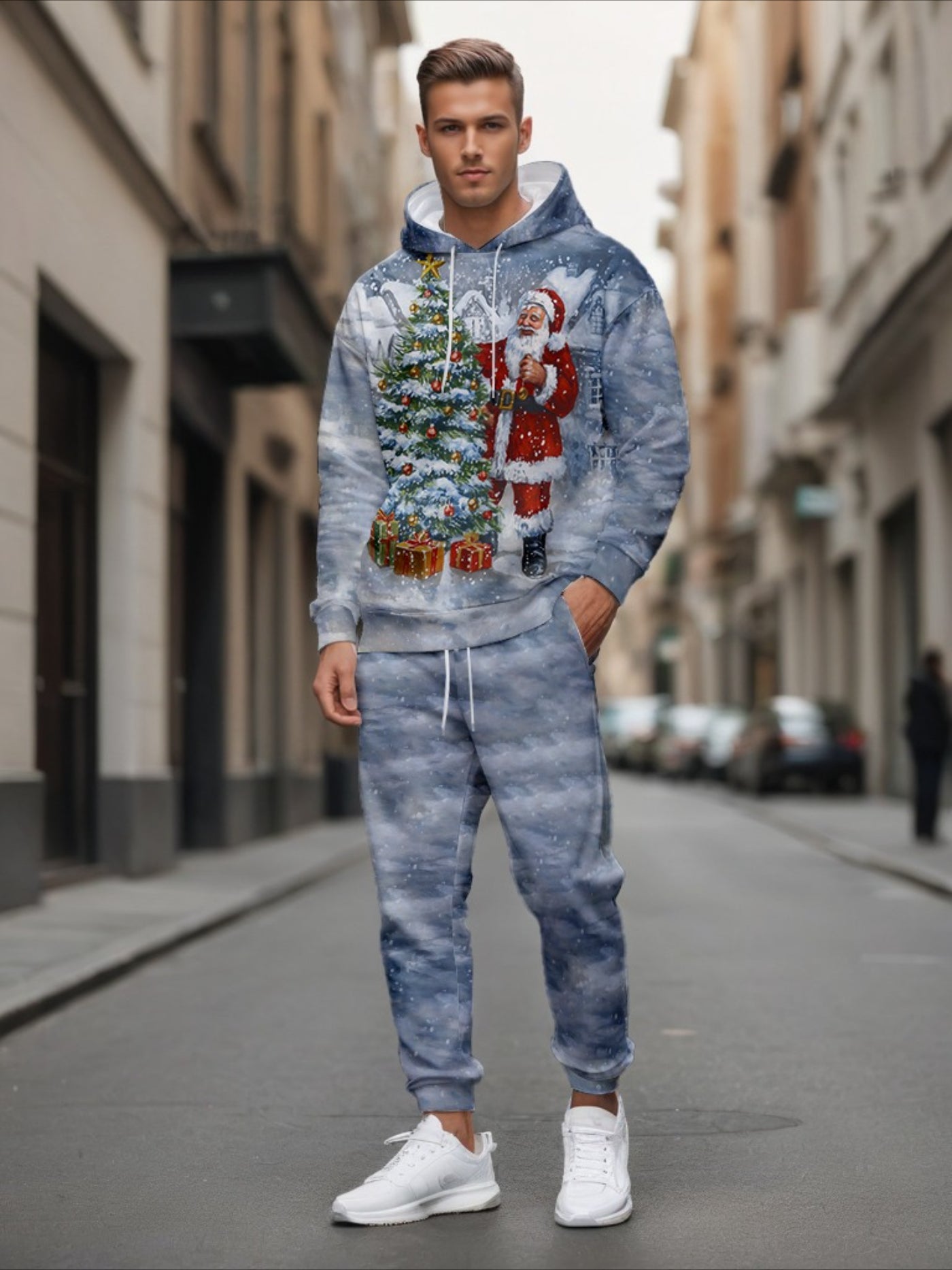 Men'S Trendy Fitness Outdoor Home Hoodie 2pcs Set, Snowy Santa Claus 3D Print, Regular Fit, Stretchy Fabric, Versatile Style, Spring/Autumn/Winter Men'S Hoodie, Knit, Outdoor Hoodie, Casual Wear, Trendy Hoodie, Durable Fabric