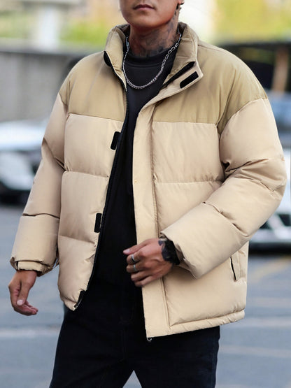 Men's Winter Color-Block Jacket with Stand Collar - Black & Casual Outdoor Warm Coat, Polyester-Filled Zipper Front, Regular Fit for Cold Weather, No Stretch Fabric