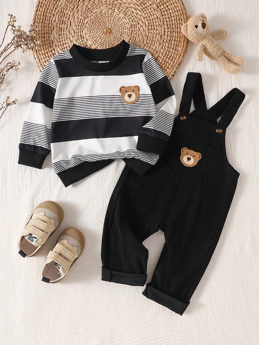 Boys' Fall/Winter Striped Top & Corduroy Suspender Overalls Set - ayq