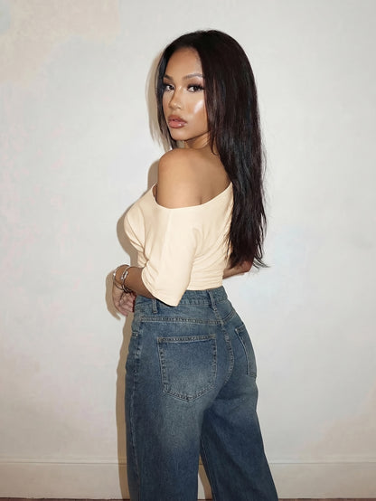Elegant Off-Shoulder White T-Shirt Top with Pleated Waist