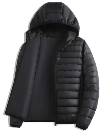 Men's Quilted Hooded Jacket with Ribbed Cuffs for Winter