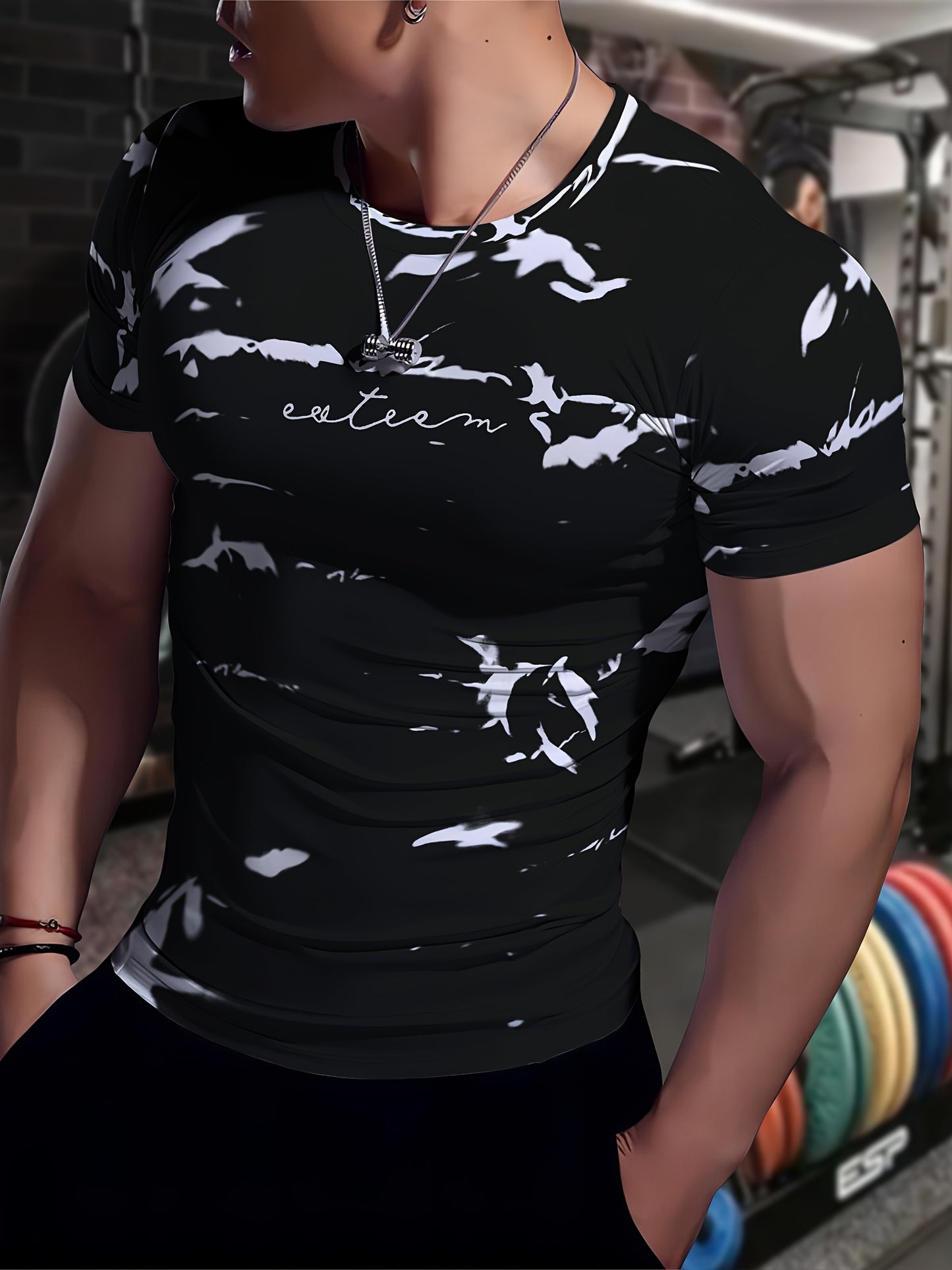 Men's High-Elasticity Anti-Tear Graffiti T-Shirt - Black  White Geometric Print, Tight-Fit Athletic Top for Gym, Running, Yoga  Casual Summer Wear, Gym Clothes, Highelastic Polyester, Short Sleeve Design