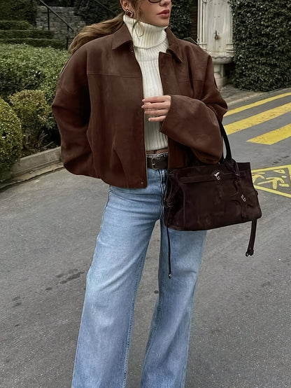 Women'S Vintage Bomber Jacket - Loose Fit Long Sleeve Zip-Up with Drop Shoulder Design, Brown Casual Outerwear for Fall/Winter, Non-Stretch Fabric, Perfect for Casual Attire, Autumn Winter Jacket | Vintage Bomber Style | Zipp