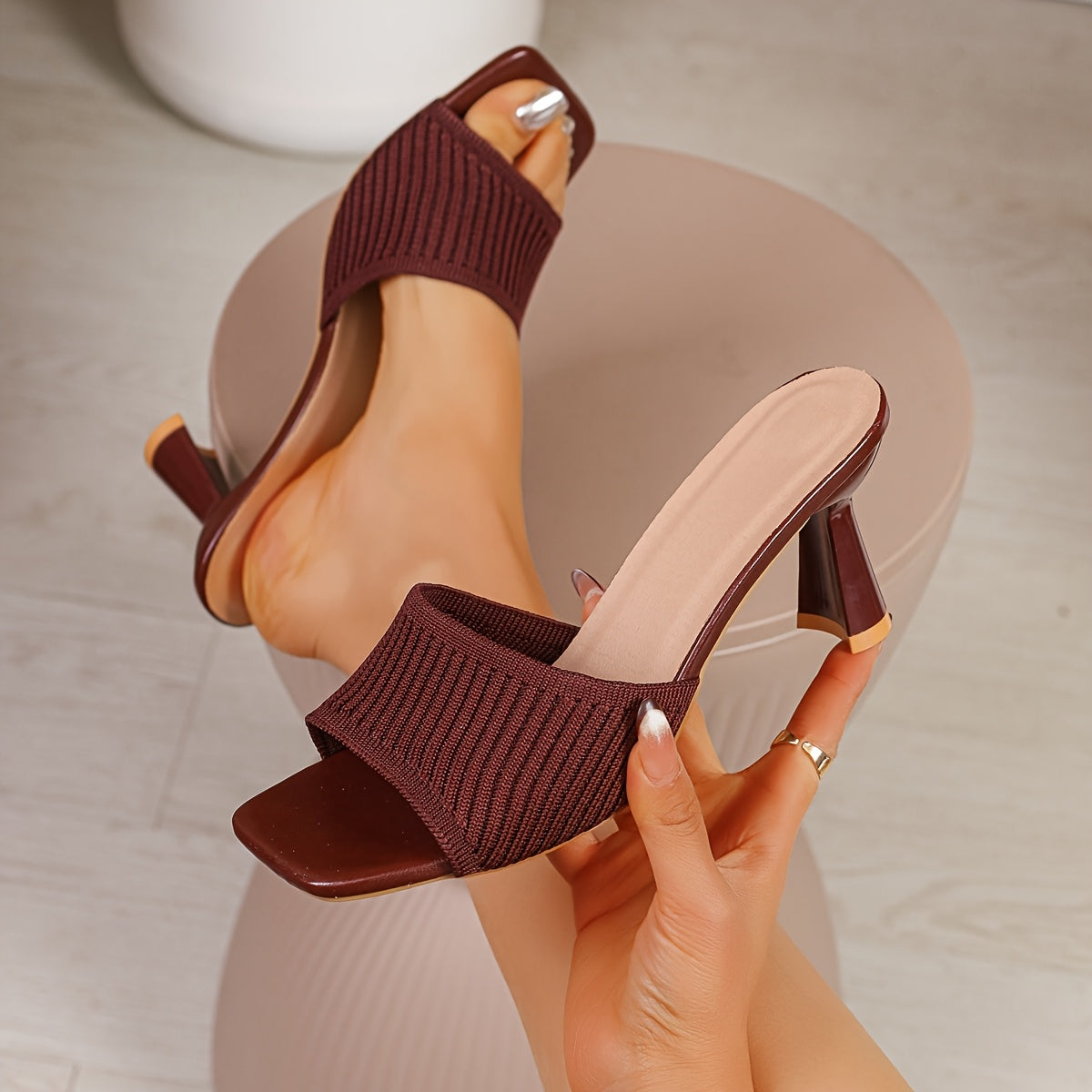 Elegant Chunky-Heeled Knitted Open-Toe Sandals for Women