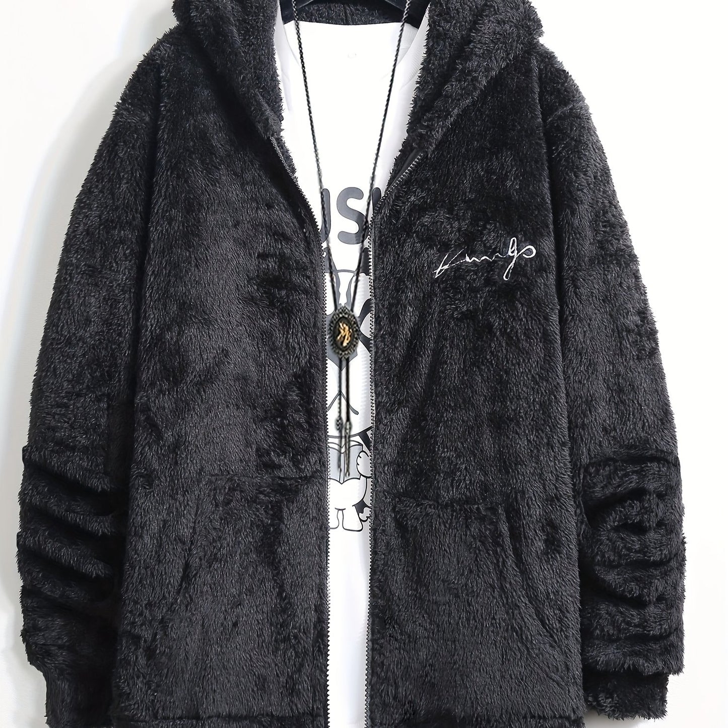 Casual Style] Men's "RELAX" Fleece Hoodie Jacket - Casual Dual-Sided Brown Teddy Coat with Zipper Closure, Long Sleeves for Fall/Winter, Casual Outerwear|Stylish Casualwear|Crafted Embroidery