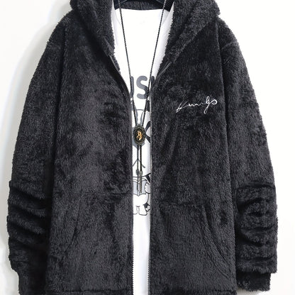 Casual Style] Men's "RELAX" Fleece Hoodie Jacket - Casual Dual-Sided Brown Teddy Coat with Zipper Closure, Long Sleeves for Fall/Winter, Casual Outerwear|Stylish Casualwear|Crafted Embroidery