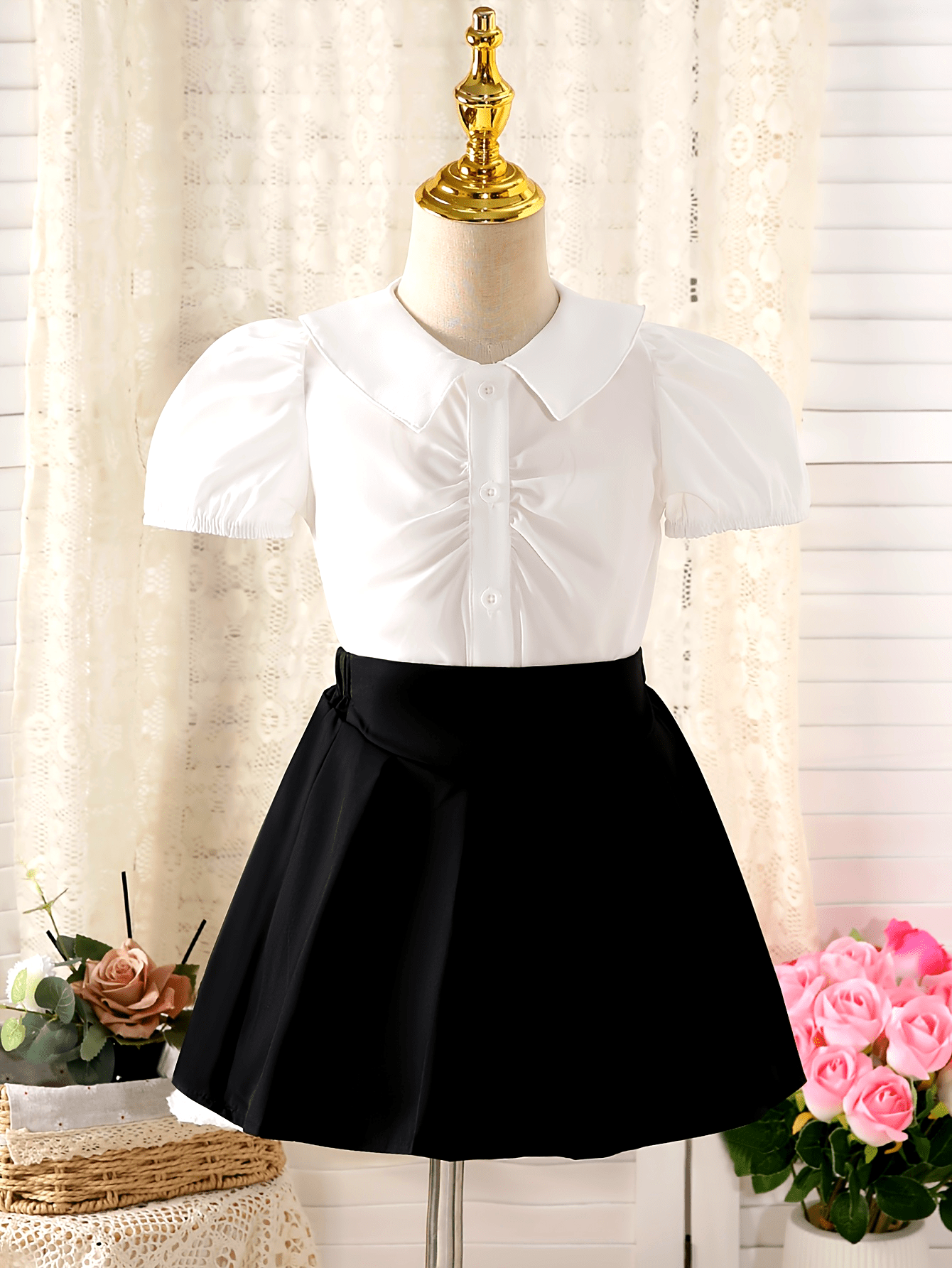 Girls' Preppy 2-Piece Puff Sleeve Top & Pleated Skirt Set