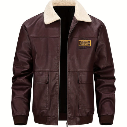 Men'S Faux Leather Bomber Jacket with Fleece Lining - Casual Motorcycle Style, Zip-Up, Long Sleeve, Drop Shoulder, Polyester Lining, Regular Fit, Outdoor & Hiking Wear, Outdoor Jacket | Bomber Jacket | Polyester Lined Jacket