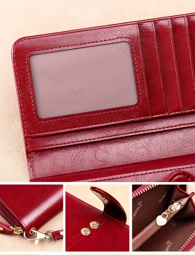 Two-Layer Cowhide Leather Clutch Wallet for Men & Women, Casual Large Capacity RFID Blocking Zippered Hand Purse with Transparent ID Slot and Anti-Theft Brush, Versatile for Going Out