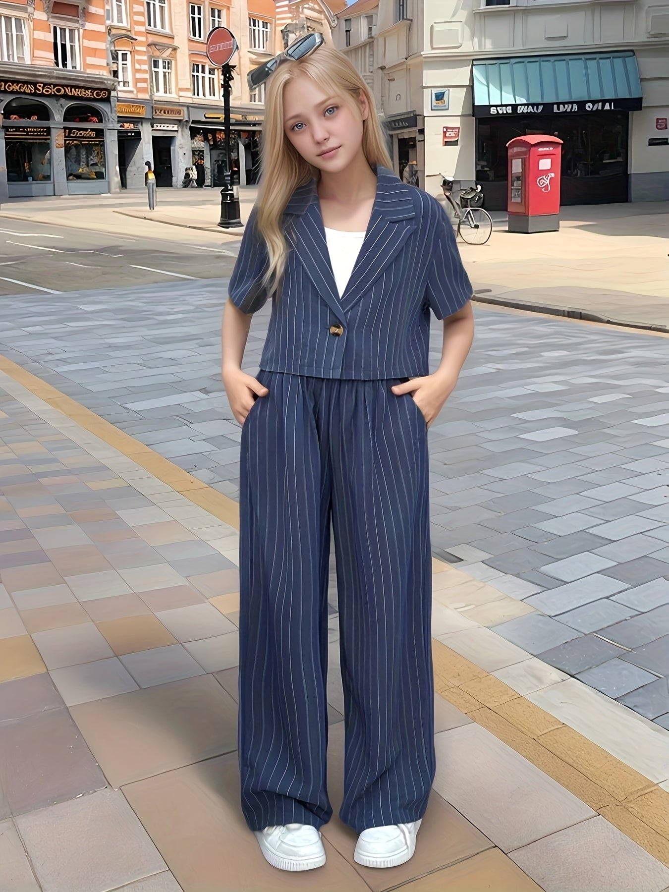 Girls' Spring/Summer 2-Piece Casual Striped Lapel Set