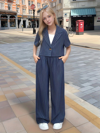 Girls' Spring/Summer 2-Piece Casual Striped Lapel Set