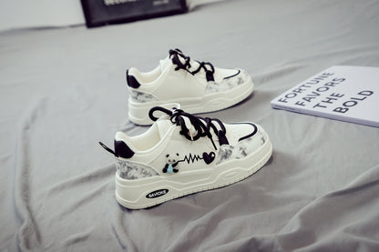 Women's White Mid-Top Sneakers with Bear  Heart Stripes Design - PU Cover  Upper, Thick Cushioned PVC Sole - Trendy Casual Shoes for All-Season Comfort