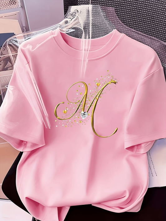 Women’s Casual Cotton Blend T-Shirt with M Letter Print, Summer - ayq