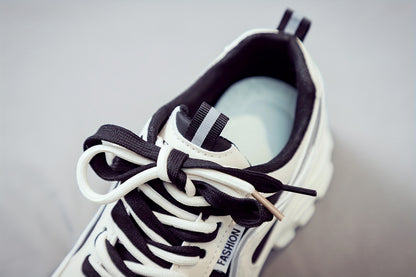 Women's Trendy Chunky Sneakers - Breathable Lace-Up Dad Shoes with Thick PVC Sole, White  Beige Two-Tone Design, Versatile Low-Top Style for Casual Attire