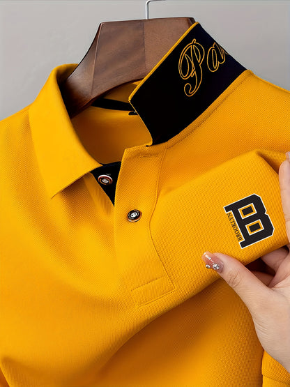 Men'S Fashion Short-Sleeve POLO Shirt | Contrast Rib-Knit Collar with 3D High-Frequency Print | Casual Style, Regular Fit, Summer Season - ayq