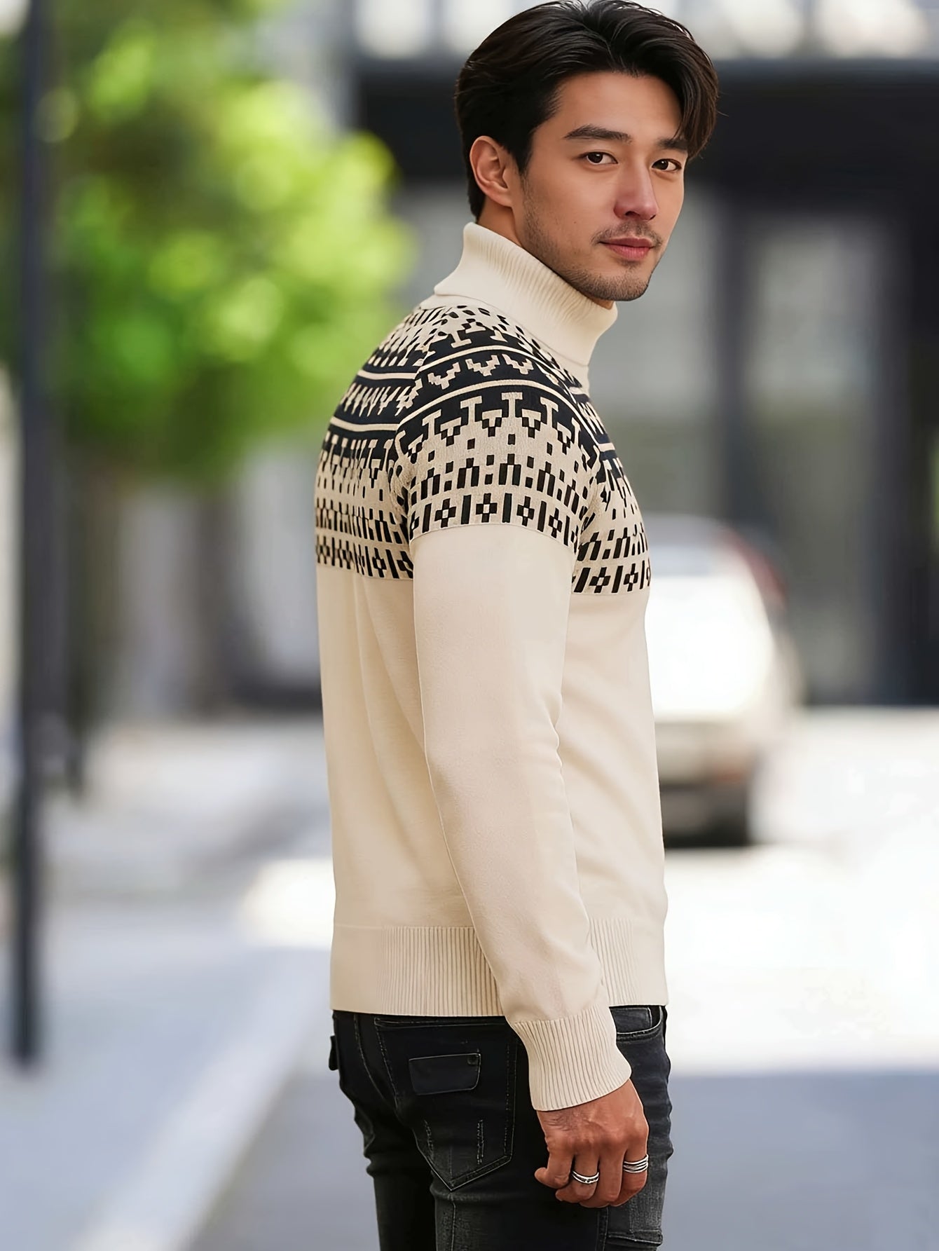 Men'S Solid Color Plaid Warm High-Neck Knitted Long-Sleeve Sweater for Casual Wear in Autumn And Winter