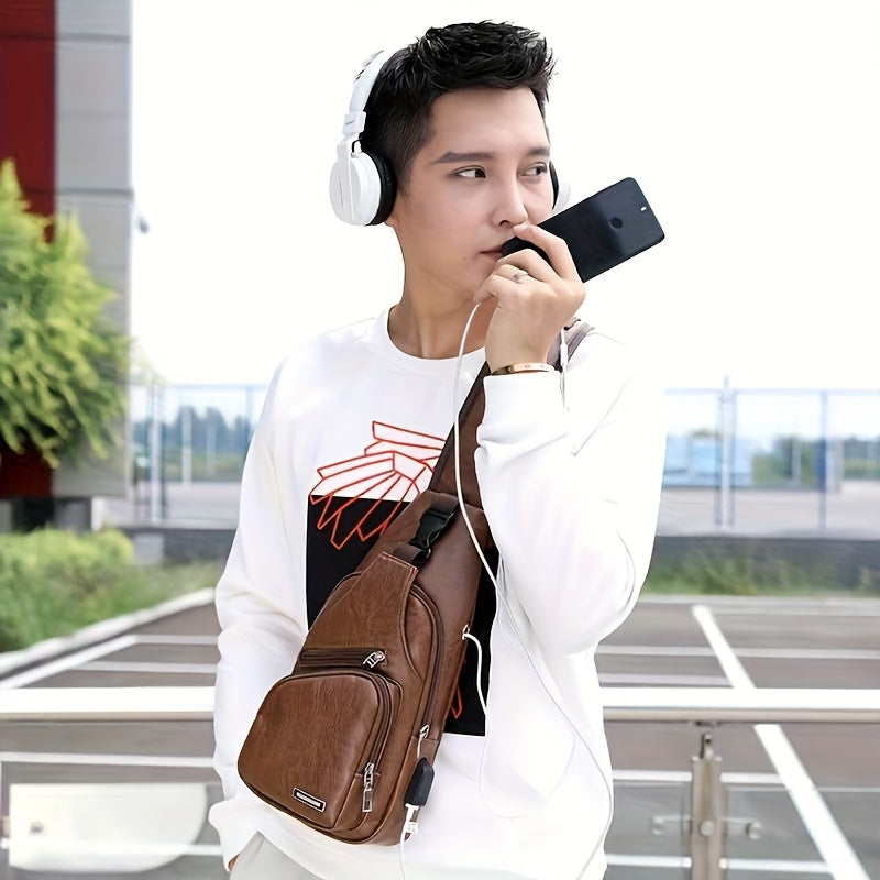 2025 New Men'S Fashion Chest Bag - Soft Faux Leather Anti-Theft Crossbody Bag with Multiple Compartments, Adjustable Strap  Zipper Closure for Gym, Travel, Casual Outings (Brown), Secure Travel Pouch, Textured Finish