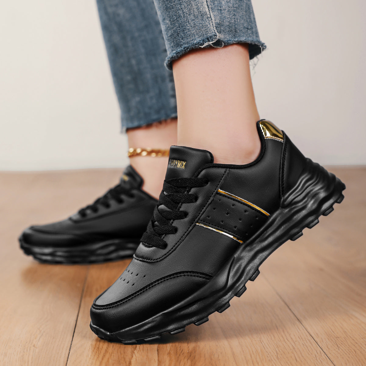 DJSUNNYMIX Women's Casual Running Shoes with Golden Glitter Accents - Lightweight EVA Sole, Breathable Fabric Lining, Low-Top Lace-Up Design for All-Season Comfort  Style, Sporty Footwear   Flexible Footwear
