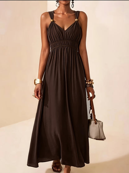 Elegant Summer V-Neck Beaded Sleeveless Waist-Cinching Dress