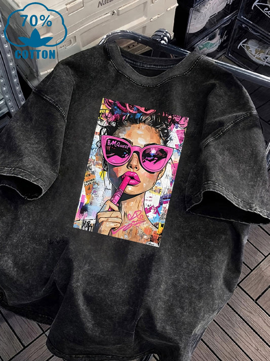 Women's Vintage Washed Cotton Blend T-Shirt with Bold Pop Art - ayq
