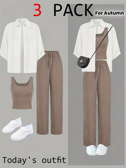 Women's 3-Piece Casual Button-Up Top, Vest & Wide-Leg Pants Set