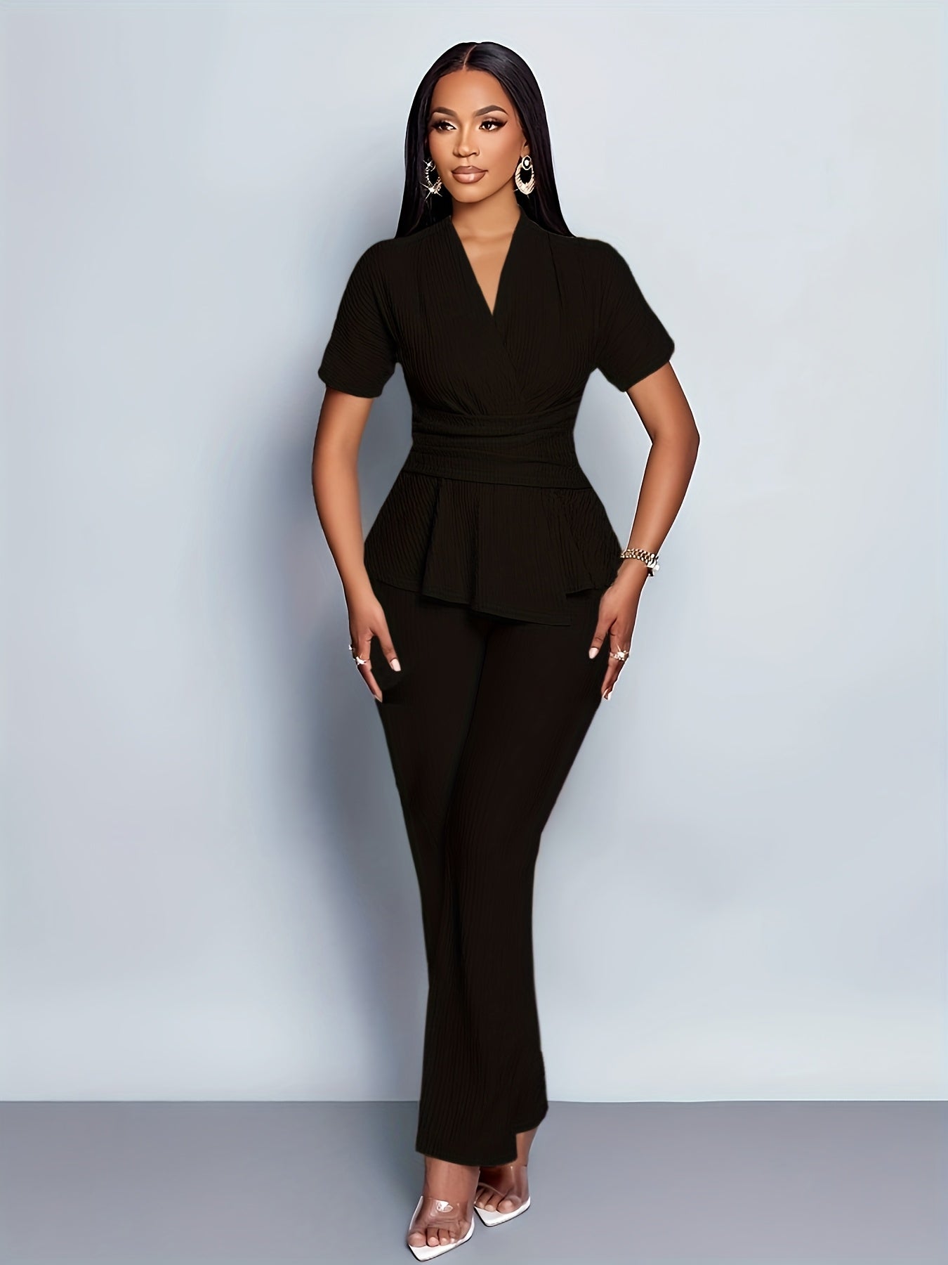 Women'S Elegant Casual Solid Color Textured Jumpsuit - Stylish Short Sleeve Top & Wide-Leg Pants, Perfect for All Seasons, Casual Attire|Textured Jumpsuit|Casual Style