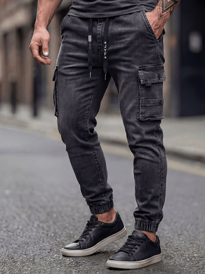 Men's Slim Fit Denim Cargo Pants with Elastic Waistband