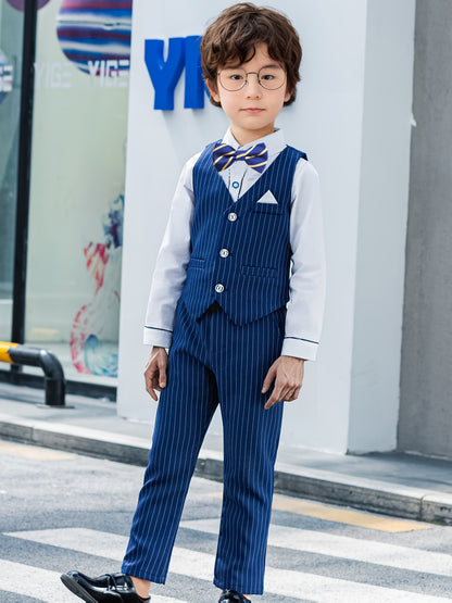 Boys Korean-Style Formal Outfit Set with Striped Vest & Bow Tie