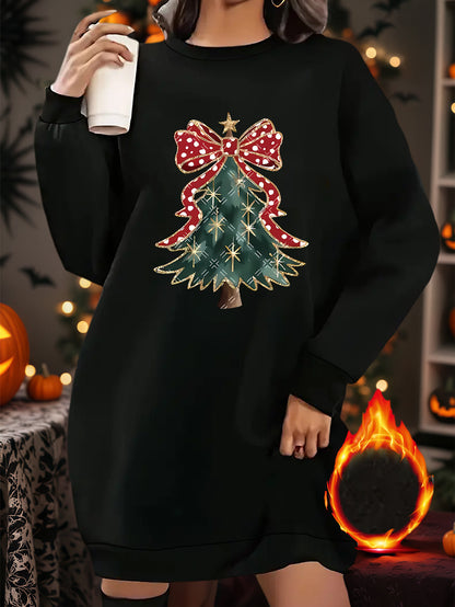 1pc Women's Y2K Elegant Christmas Tree & Bow Print Sweater Dress - Short Sleeve Round Neck A-Line Pullover, Golden/Green/Red Holiday Party Outfit, All-Season Casual Sweater Dress for Xmas & New Year's (Machine Washable)