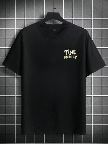 Men'S Casual Short Sleeve T-Shirt with "Time is Money" Clock  Stack of Cash Graphic - Lightweight Polyester, Loose Fit, Round Neck, Perfect for Spring  Summer Outdoor Wear, Relaxed Fit Shirt   Bold Graphic Tee   Glossy Text