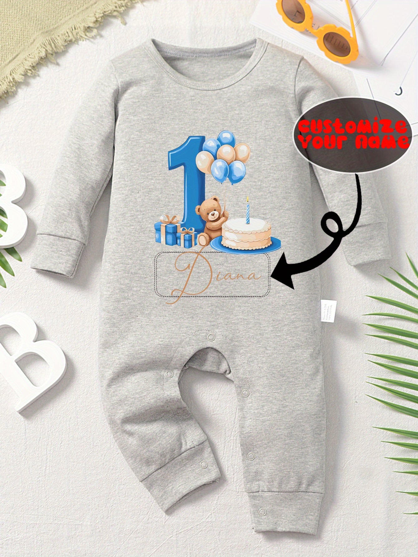 Cotton Long-Sleeve Baby Bodysuit with Geometric Print, Unisex