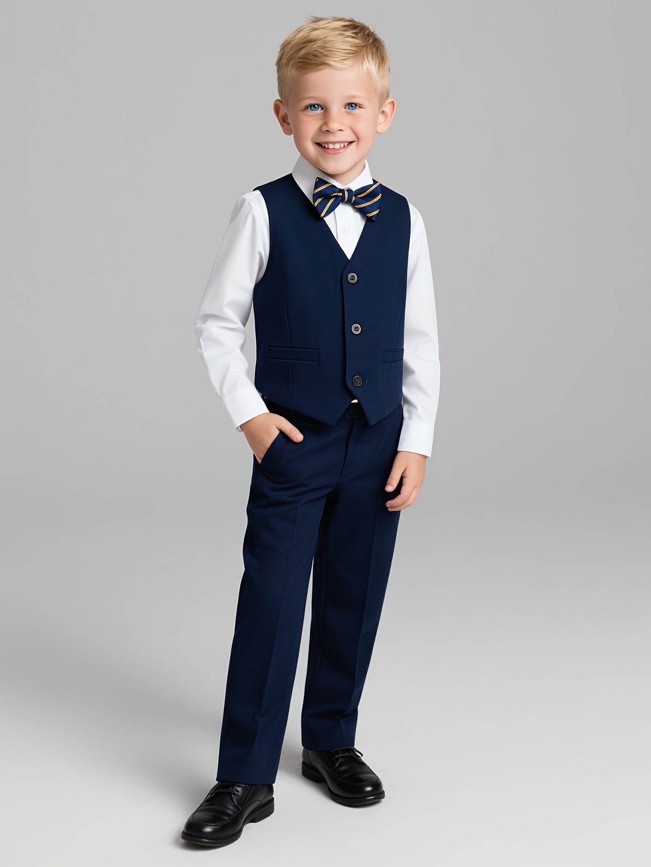 Boys Formal Slim Fit Vest Set with Tie & Bow Tie, Blue
