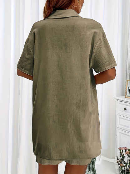 Women's Casual Two-Piece Set: Button-Up Shirt & Drawstring Shorts