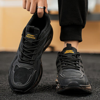 Men's Casual Sneakers - Breathable Low-Top Lace-Up Design, Durable PU Upper  Cushioned PVC Sole for All-Season Comfort - Black with Yellow Accents - Ideal for Running, Hiking, Daily Wear, Hiking Footwear, Stylish Contrast Ac