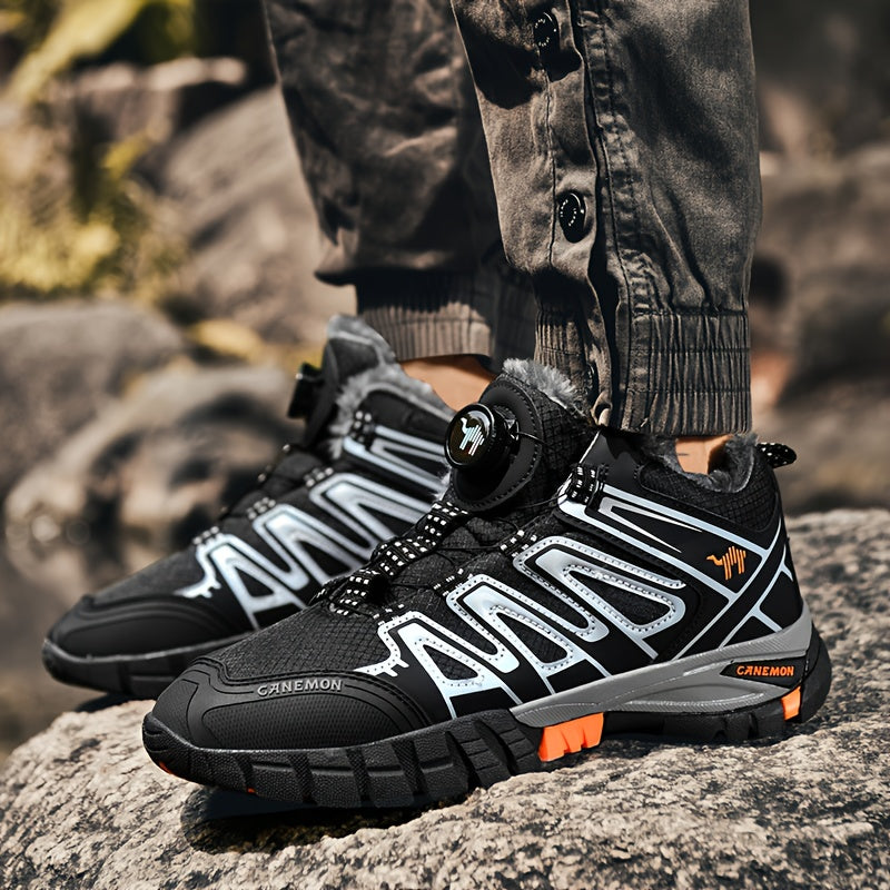 CANEMON Men'S Winter Sports Sneakers - Comfortable, Non-Slip, Durable, Thickened Mid-Top Lace-Up Shoes with Striped & Checkered Patterns, Warm Fabric Upper & TPR Sole for Hiking, Outdoor Activities, and Snowy Terrain, Winter